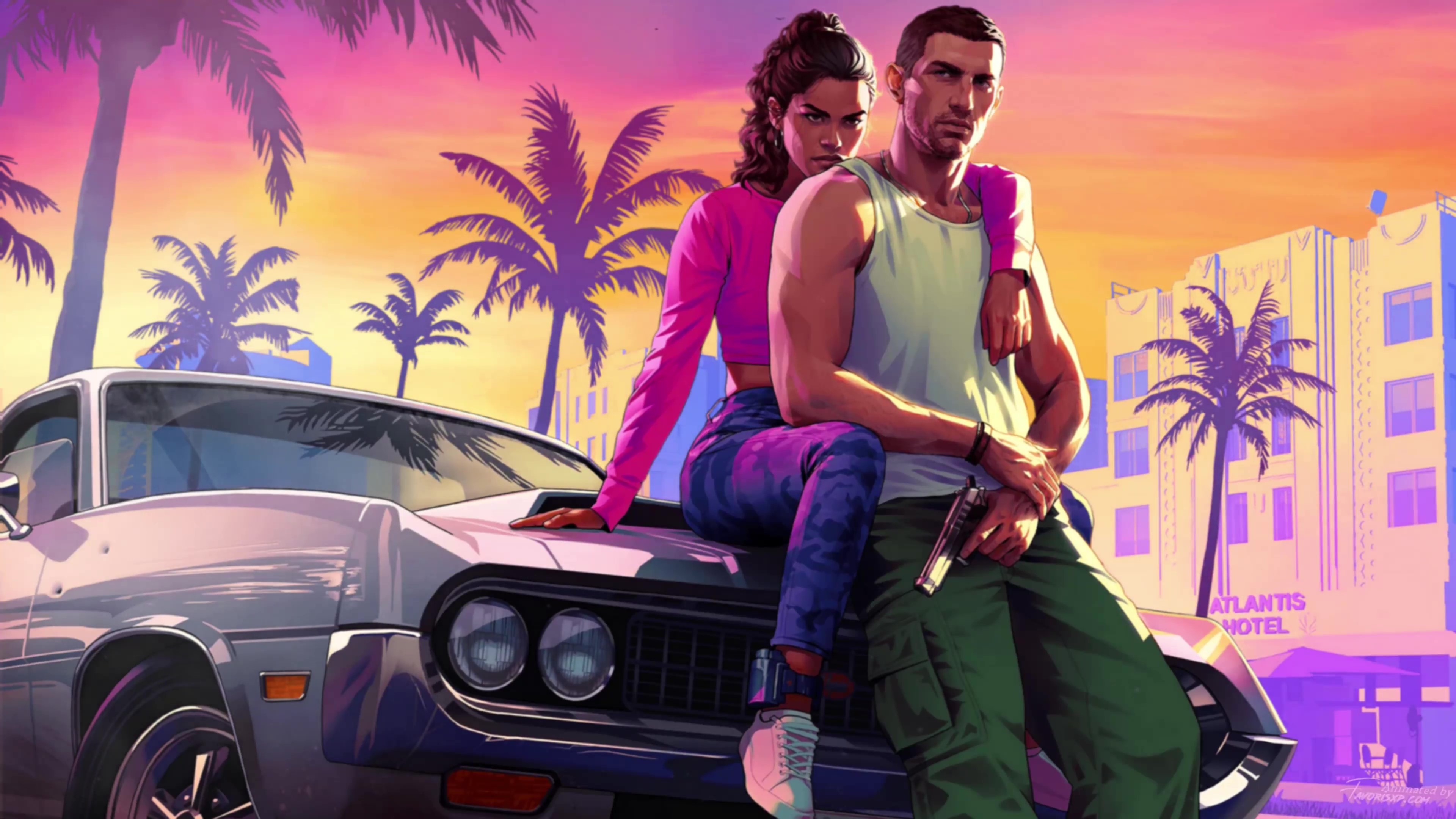 Arte oficial de Grand Theft Auto VI con sus protagonistas, Jason y Lucia, en Vice City